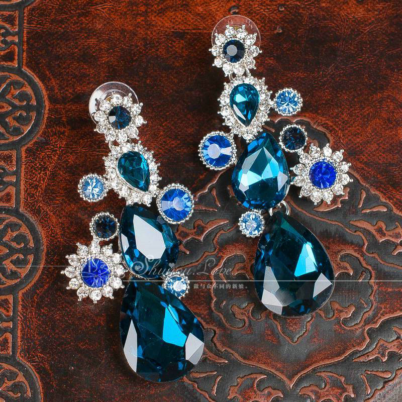 Luxury Banquet Wedding Jewelry Sets Flower Blue Crystal Headdress & Earrings & Bridal Rhinestone Necklace
