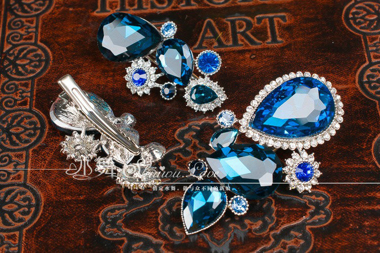 Luxury Banquet Wedding Jewelry Sets Flower Blue Crystal Headdress & Earrings & Bridal Rhinestone Necklace