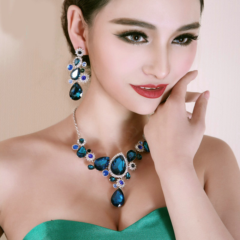 Luxury Banquet Wedding Jewelry Sets Flower Blue Crystal Headdress & Earrings & Bridal Rhinestone Necklace
