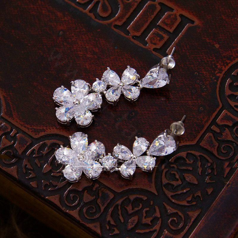 Luxury Banquet Wedding Jewelry Sets Flower Crystal Earrings & Bridal AAA+ Zircon Statement Necklace