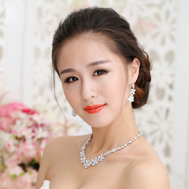 Luxury Banquet Wedding Jewelry Sets Flower Crystal Earrings & Bridal AAA+ Zircon Statement Necklace