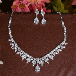 Luxury Banquet Wedding Jewelry Sets Flower Diamond Earrings & Bridal AAA+ Zircon Statement Necklace