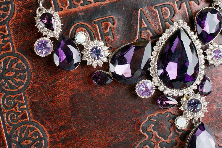 Luxury Banquet Wedding Jewelry Sets Flower Purple Crystal Headdress & Earrings & Bridal Rhinestone Necklace