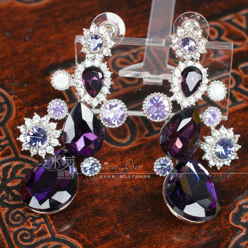 Luxury Banquet Wedding Jewelry Sets Flower Purple Crystal Headdress & Earrings & Bridal Rhinestone Necklace