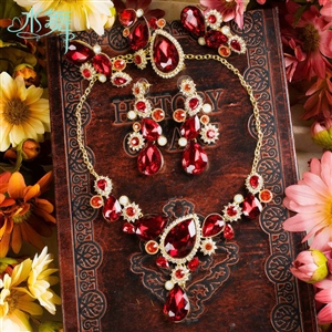 Luxury Banquet Wedding Jewelry Sets Flower Red Crystal Headdress & Earrings & Bridal Rhinestone Necklace