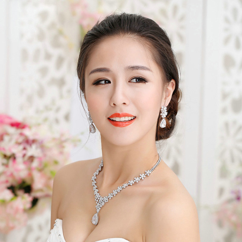 Luxury Banquet Wedding Jewelry Sets Flower Water-drops Earrings & Bridal AAA+ Zircon Statement Necklace