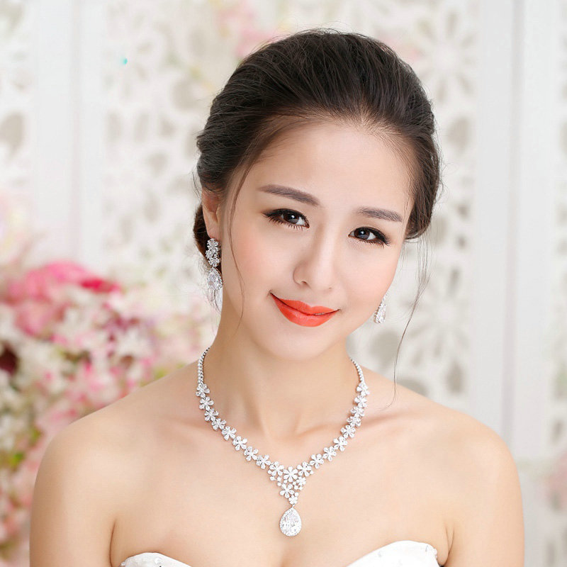 Luxury Banquet Wedding Jewelry Sets Flower Water-drops Earrings & Bridal AAA+ Zircon Statement Necklace