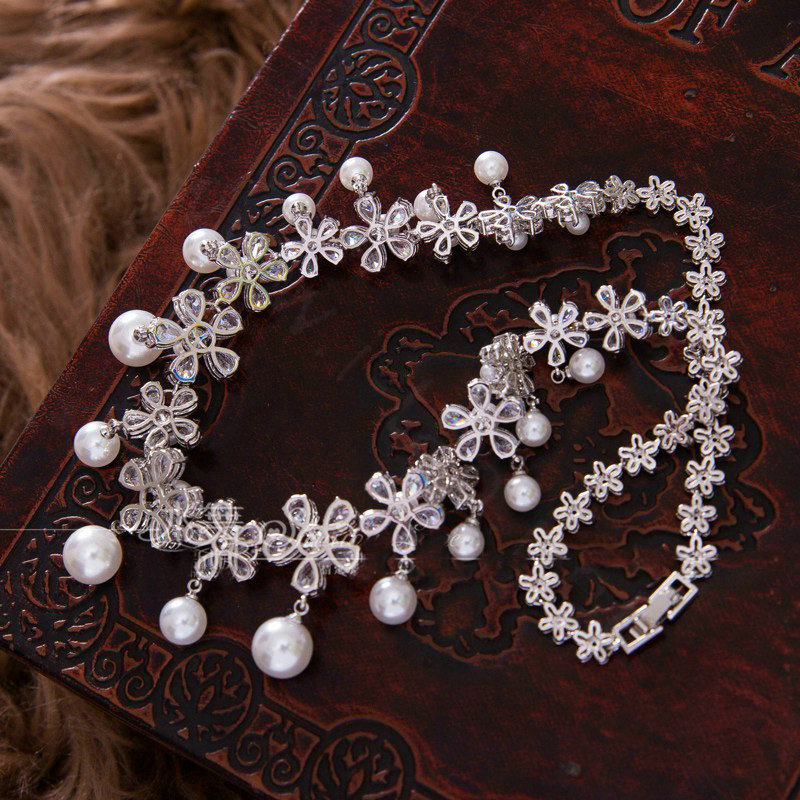 Luxury Banquet Wedding Jewelry Sets Pearl Flower Earrings & Bridal AAA+ Zircon Statement Necklace