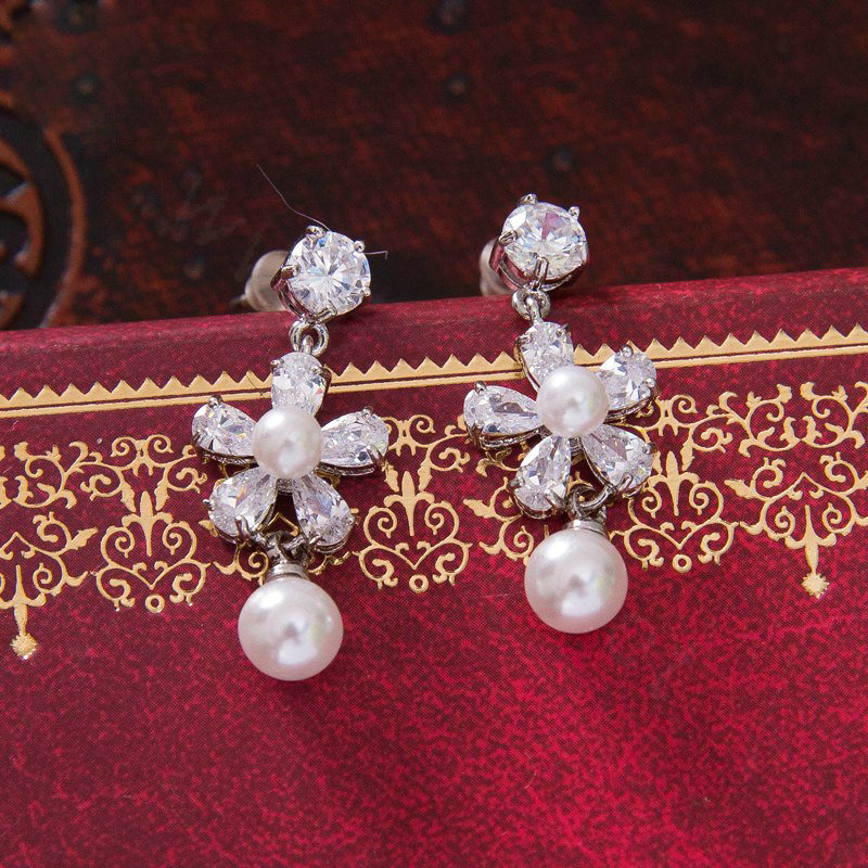 Luxury Banquet Wedding Jewelry Sets Pearl Flower Earrings & Bridal AAA+ Zircon Statement Necklace
