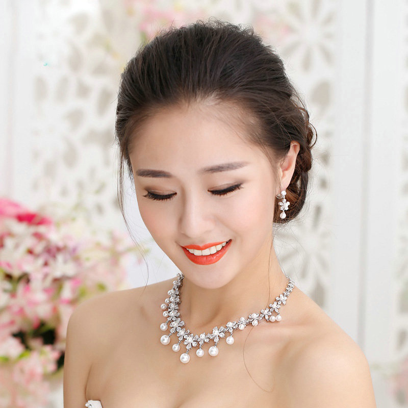 Luxury Banquet Wedding Jewelry Sets Pearl Flower Earrings & Bridal AAA+ Zircon Statement Necklace