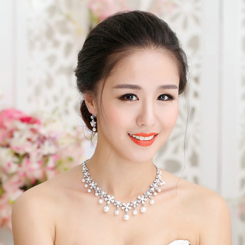Luxury Banquet Wedding Jewelry Sets Pearl Flower Earrings & Bridal AAA+ Zircon Statement Necklace
