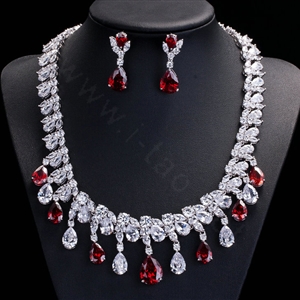 Luxury Banquet Wedding Jewelry Sets Tassel Red Water-drop Diamond Stud Earrings & Bridal Zircon Statement Necklace