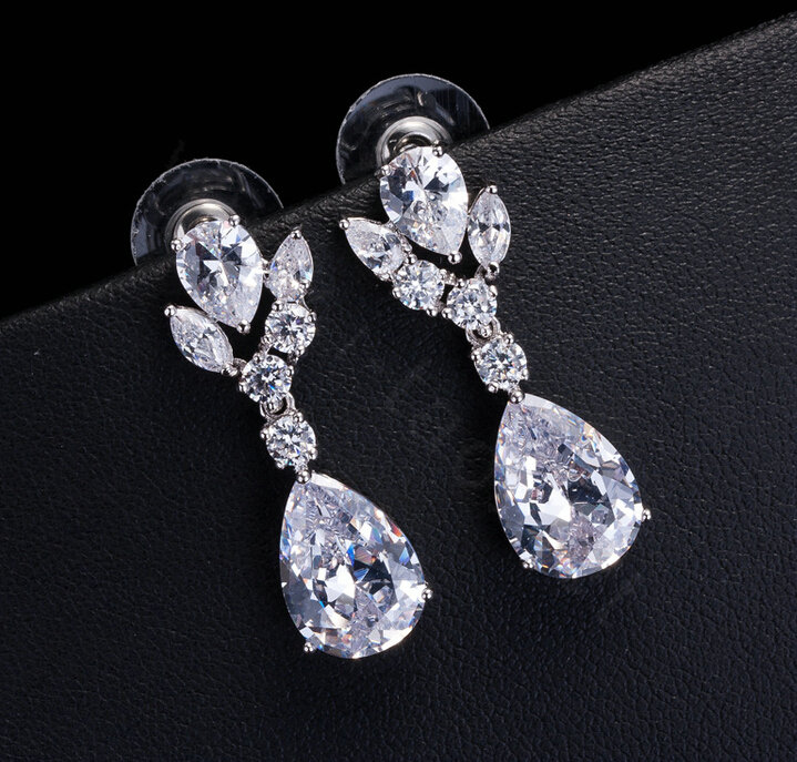 Luxury Banquet Wedding Jewelry Sets Tassel Water-drop Diamond Stud Earrings & Bridal Zircon Statement Necklace