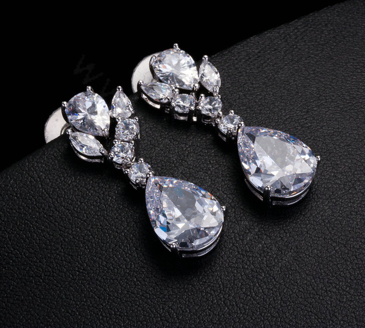 Luxury Banquet Wedding Jewelry Sets Tassel Water-drop Diamond Stud Earrings & Bridal Zircon Statement Necklace