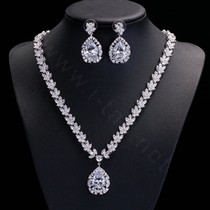 Luxury Banquet Wedding Jewelry Sets Water-drop Stud Earrings & Bridal Zircon Diamond Pendant Necklace
