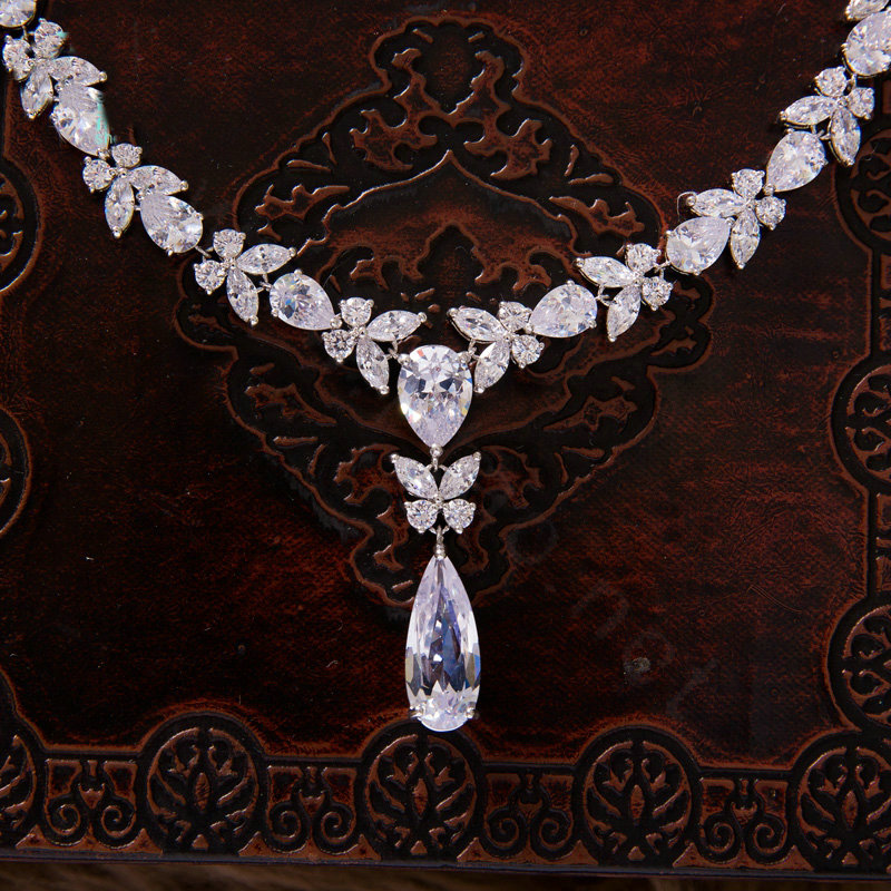 Luxury Banquet Wedding Jewelry Sets Water-drops Butterfly Earrings & Bridal AAA+ Zircon Statement Necklace