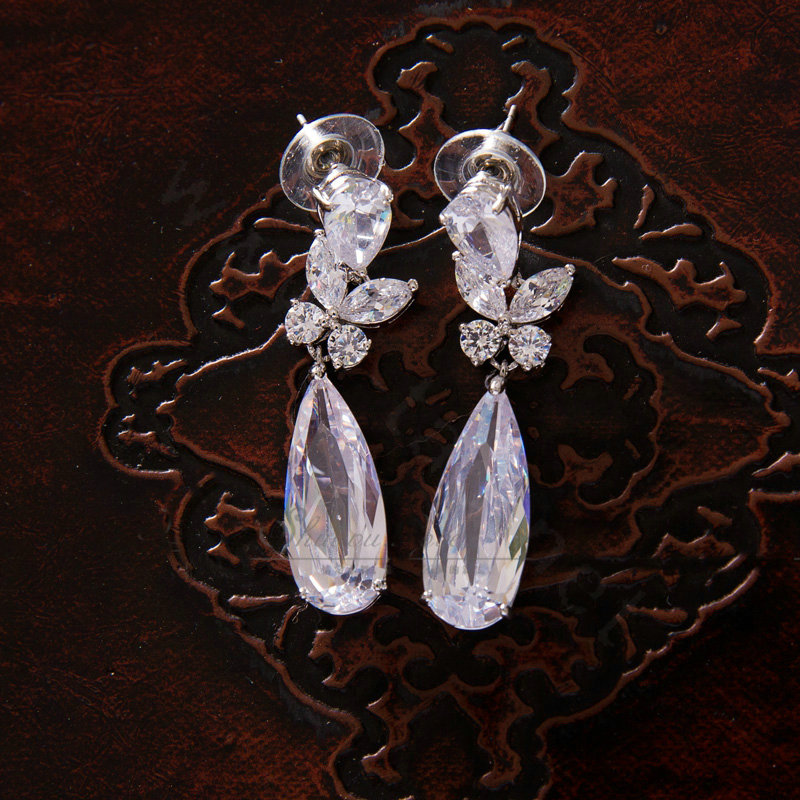Luxury Banquet Wedding Jewelry Sets Water-drops Butterfly Earrings & Bridal AAA+ Zircon Statement Necklace