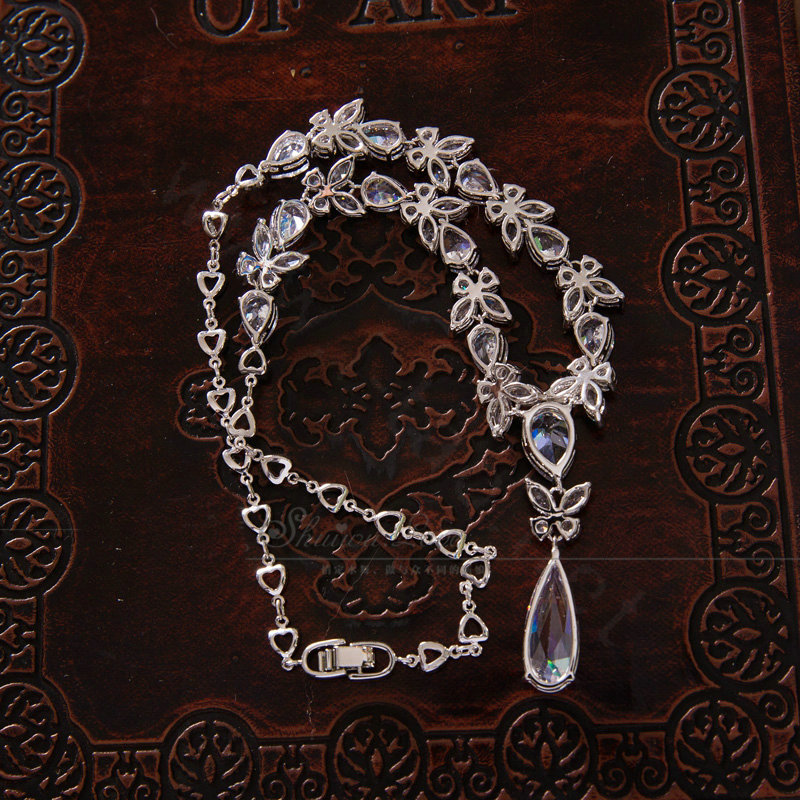 Luxury Banquet Wedding Jewelry Sets Water-drops Butterfly Earrings & Bridal AAA+ Zircon Statement Necklace