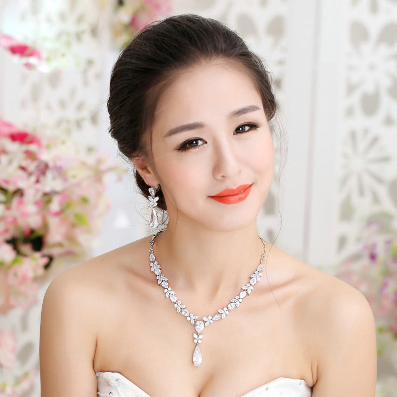 Luxury Banquet Wedding Jewelry Sets Water-drops Butterfly Earrings & Bridal AAA+ Zircon Statement Necklace
