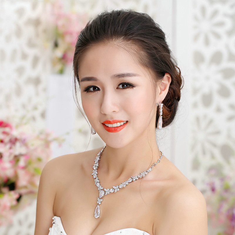 Luxury Banquet Wedding Jewelry Sets Water-drops Butterfly Earrings & Bridal AAA+ Zircon Statement Necklace