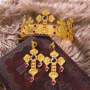 Luxury Baroque Wedding Jewelry Sets Crystal Gem Gold Cross Bridal Tiara & Earrings