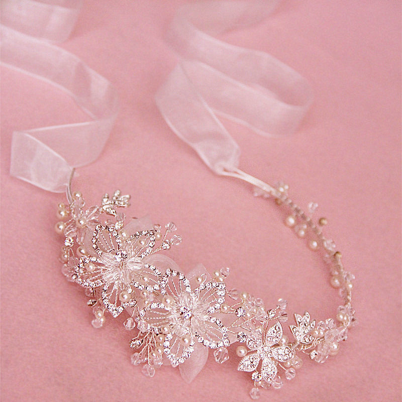 Luxury Beaded Crystal Flower Hair Band Pearl Silver Bridal Wedding Ribbon Hair Hoop Accessories