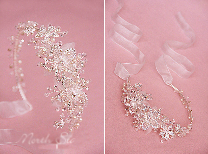 Luxury Beaded Crystal Flower Hair Band Pearl Silver Bridal Wedding Ribbon Hair Hoop Accessories