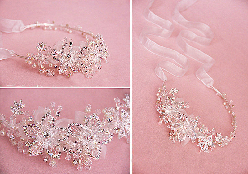 Luxury Beaded Crystal Flower Hair Band Pearl Silver Bridal Wedding Ribbon Hair Hoop Accessories