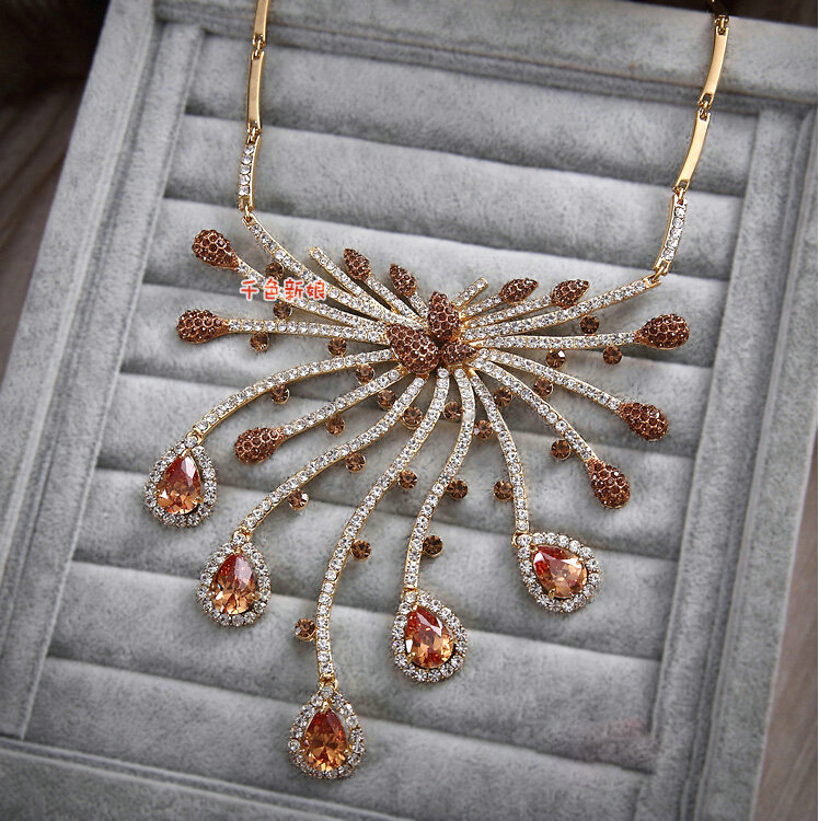Luxury Champagne Wedding Bridal Accessories Water drops Diamond Crystal Necklace Earrings Sets