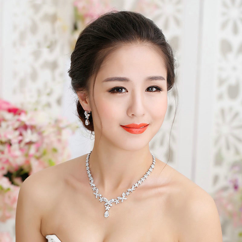 Luxury Classic Banquet Wedding Jewelry Sets Butterfly Flower Earrings & Bridal AAA+ Zircon Statement Necklace