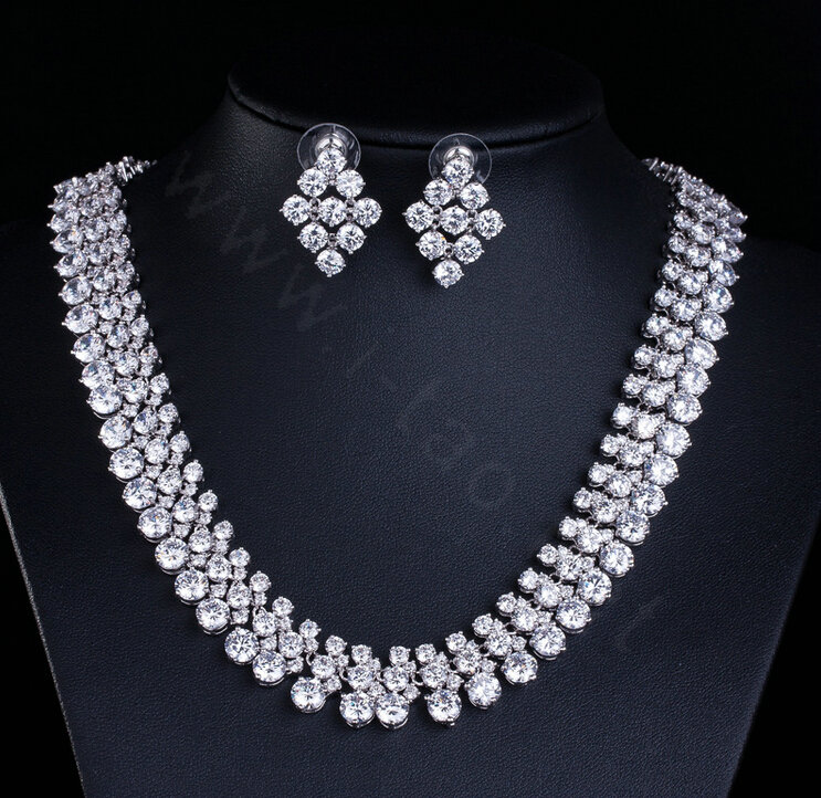 Luxury Classic Banquet Wedding Jewelry Sets Diamond Stud Earrings & Bridal Zircon Statement Necklace