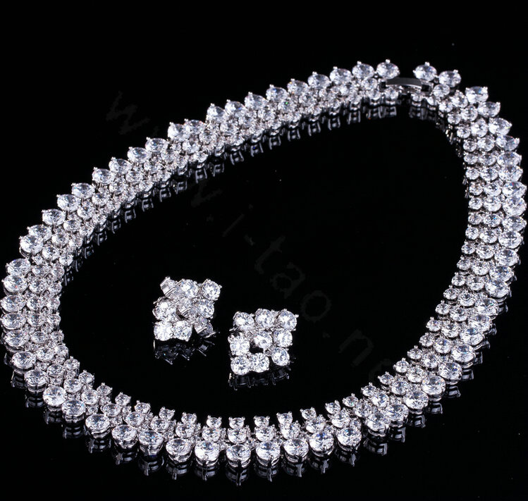 Luxury Classic Banquet Wedding Jewelry Sets Diamond Stud Earrings & Bridal Zircon Statement Necklace