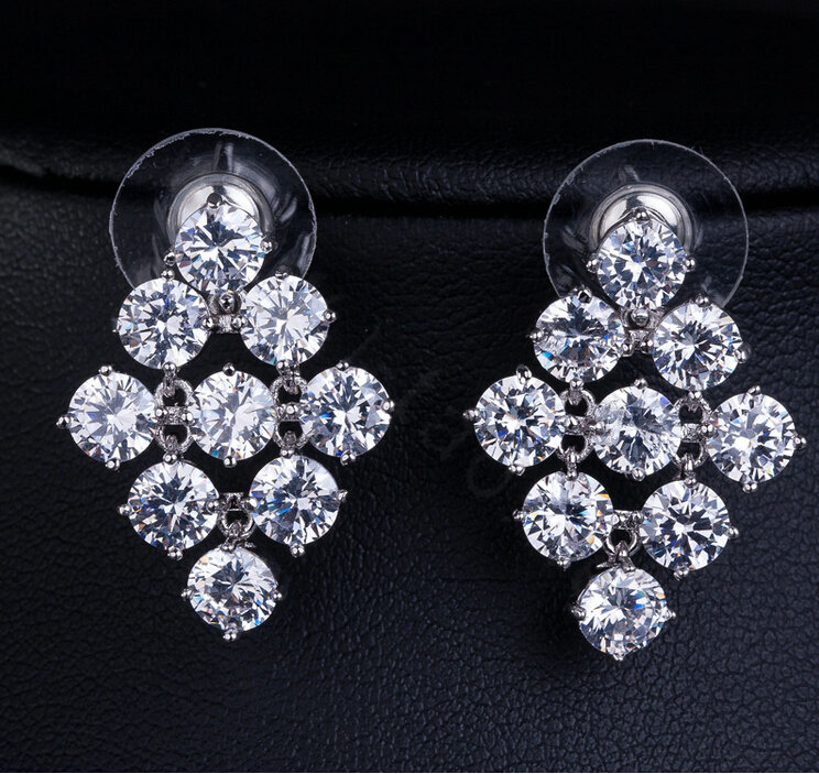 Luxury Classic Banquet Wedding Jewelry Sets Diamond Stud Earrings & Bridal Zircon Statement Necklace