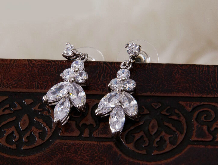 Luxury Classic Banquet Wedding Jewelry Sets Leaf Flower Earrings & Bridal AAA+ Zircon Statement Necklace