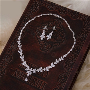 Luxury Classic Banquet Wedding Jewelry Sets Leaf Flower Earrings & Bridal AAA+ Zircon Statement Necklace