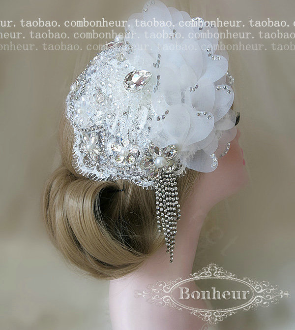 Luxury Pearl Crystal Bridal Hairwear Lace Flower Tassel Hair Headband Wedding Hair Accessories