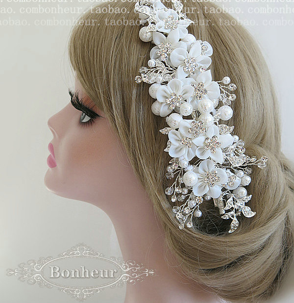 Luxury Pearl Crystal beads Bridal Hairwear Lace Flower Hair Headband Wedding Hair Accessories