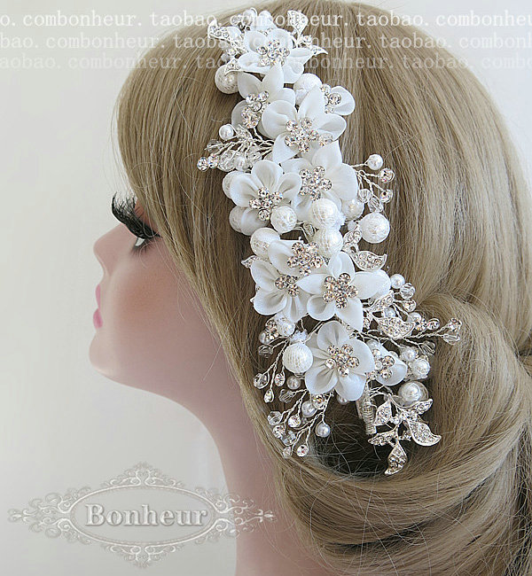 Luxury Pearl Crystal beads Bridal Hairwear Lace Flower Hair Headband Wedding Hair Accessories