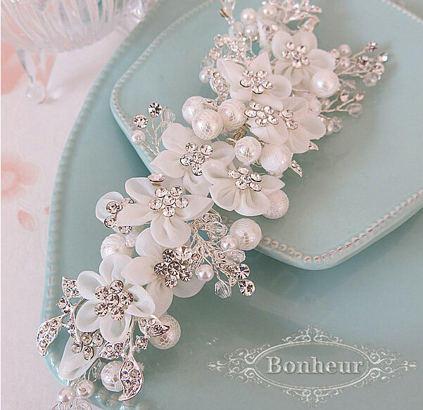 Luxury Pearl Crystal beads Bridal Hairwear Lace Flower Hair Headband Wedding Hair Accessories