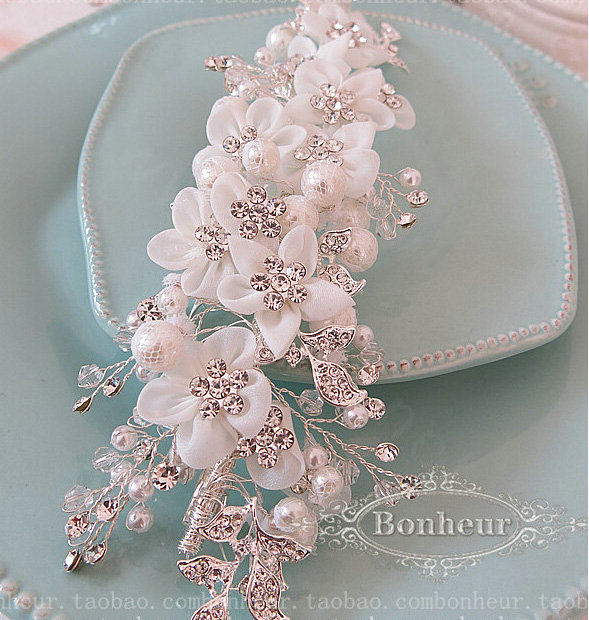 Luxury Pearl Crystal beads Bridal Hairwear Lace Flower Hair Headband Wedding Hair Accessories
