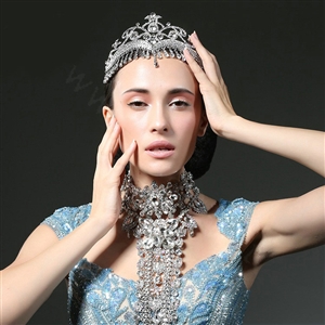 Luxury Retro Wedding Jewelry Flower Crystal Large Tassel Tiaras Bridal Rhinestone Crown Hair Accessories
