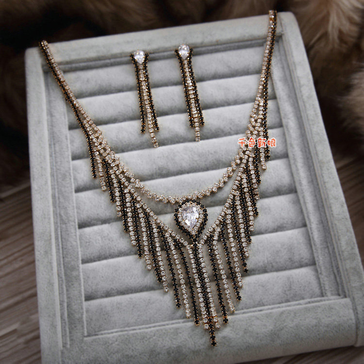 Luxury Rose Gold Wedding Bridal Accessories Elegant Tassel Crystal Necklace Earrings Sets