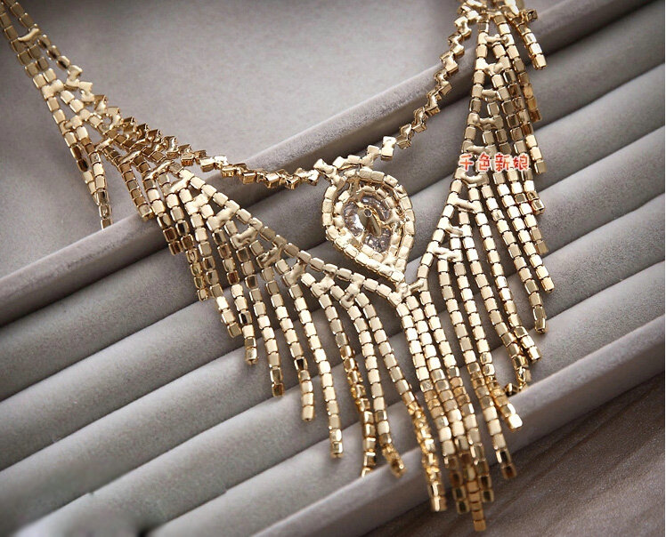 Luxury Rose Gold Wedding Bridal Accessories Elegant Tassel Crystal Necklace Earrings Sets