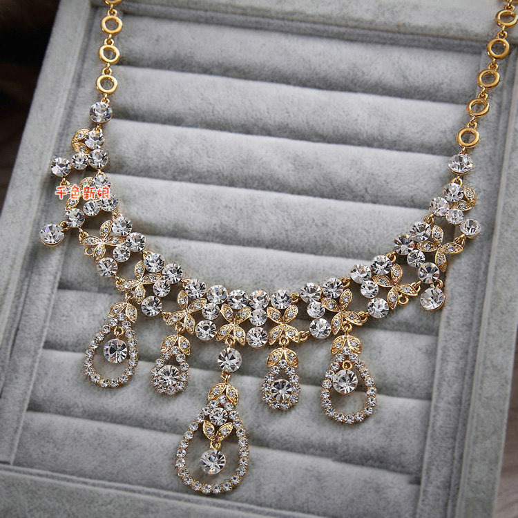 Luxury Rose Gold Wedding Bridal Accessories Flower Water drops Crystal Necklace Earrings Sets