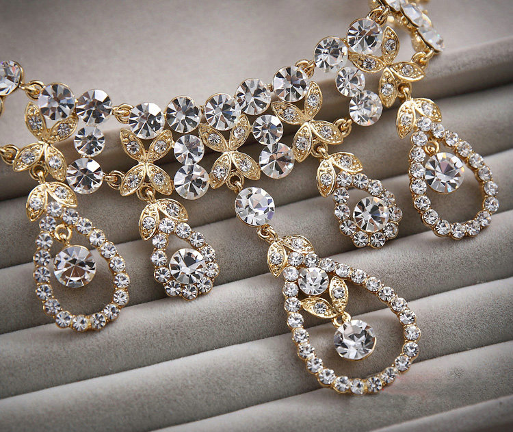 Luxury Rose Gold Wedding Bridal Accessories Flower Water drops Crystal Necklace Earrings Sets