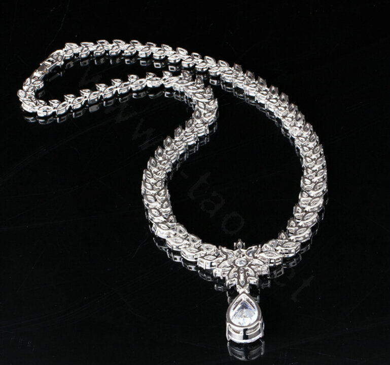 Luxury Wedding Banquet Jewelry Sets Diamond Flower Water-drop Earrings & Bridal Zircon Statement Necklace