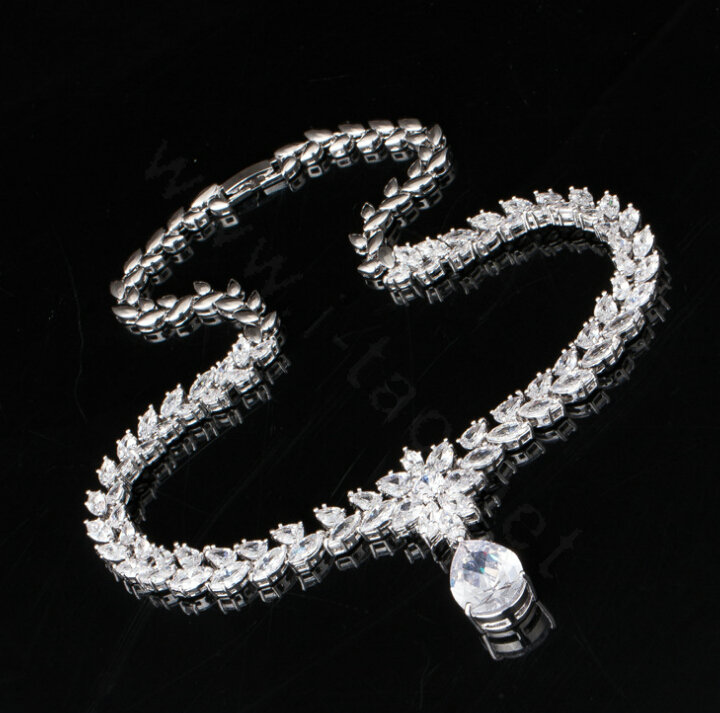 Luxury Wedding Banquet Jewelry Sets Diamond Flower Water-drop Earrings & Bridal Zircon Statement Necklace