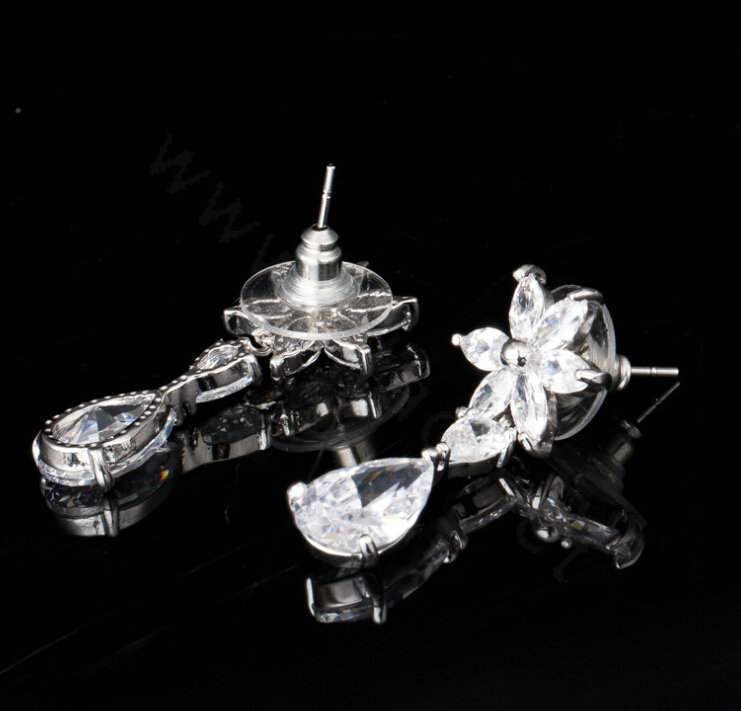 Luxury Wedding Banquet Jewelry Sets Diamond Flower Water-drop Earrings & Bridal Zircon Statement Necklace