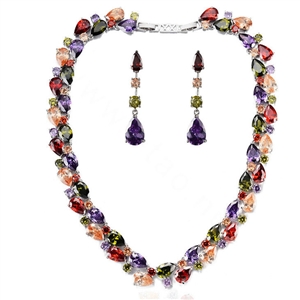 Luxury Wedding Banquet Jewelry Sets Diamond Multicolor Water-drop Earrings & Bridal AAA Zircon Statement Necklace