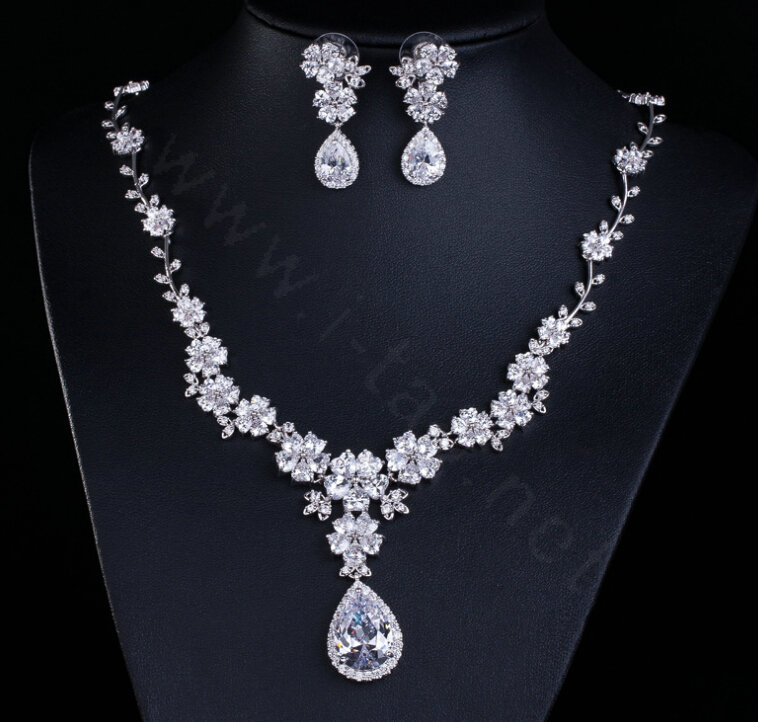 Luxury Wedding Banquet Jewelry Sets Diamond Water-drop Flower Earrings & Bridal Zircon Statement Necklace
